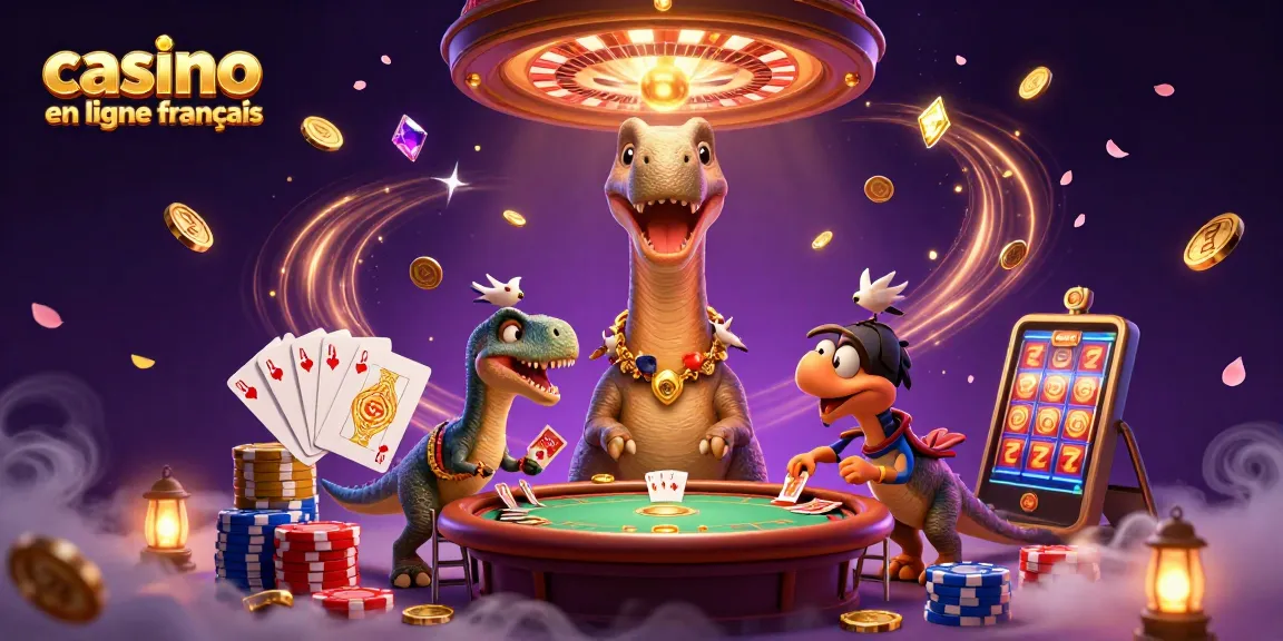 Illustration dynamique d'un casino en ligne français avec un dinosaure et des éléments de jeu.