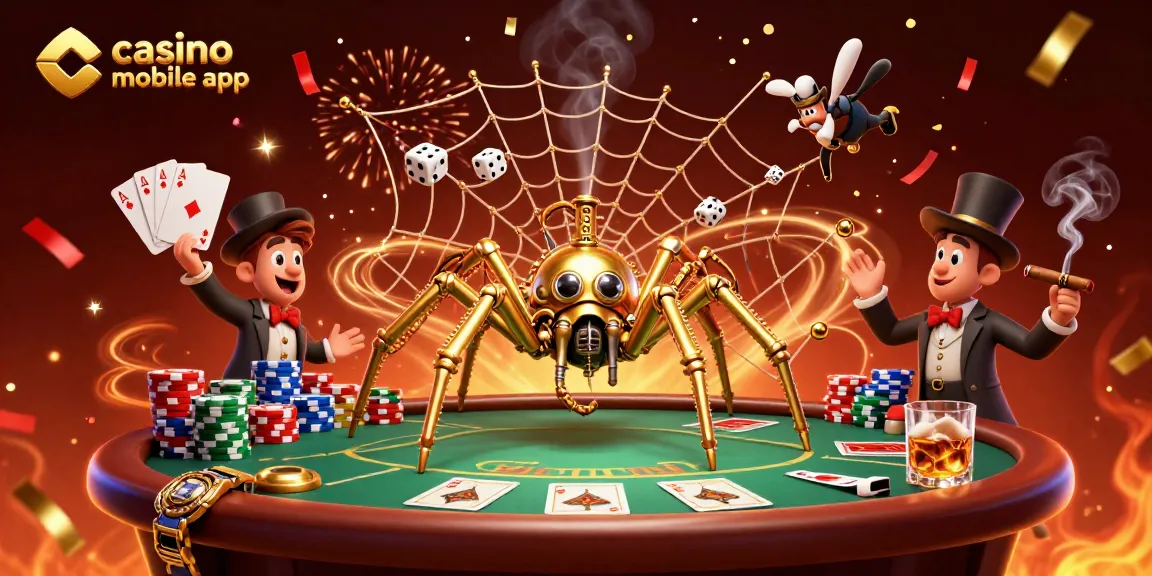 Application de casino mobile captivante avec une araignée steampunk et des jetons de poker.