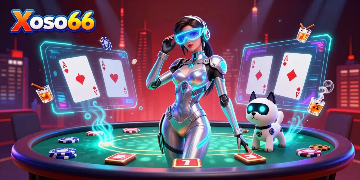 Xoso66 showcases a vibrant lottery atmosphere with a futuristic character and a robot dog amidst poker elements.