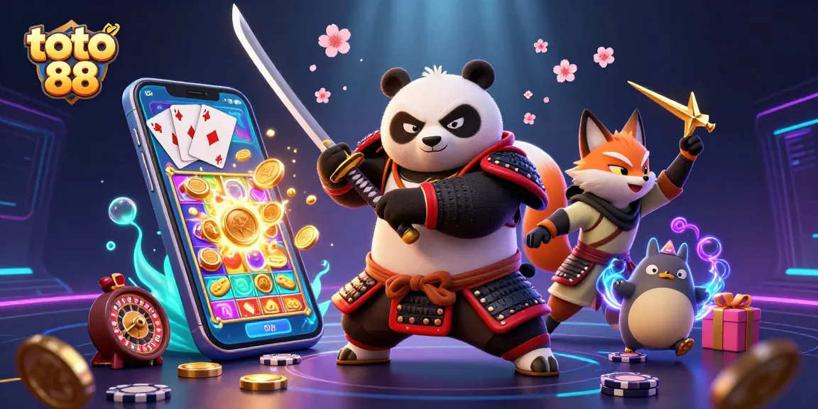 Play exciting slot games at toto 88 while enjoying vibrant casino-themed illustration with 3D characters.