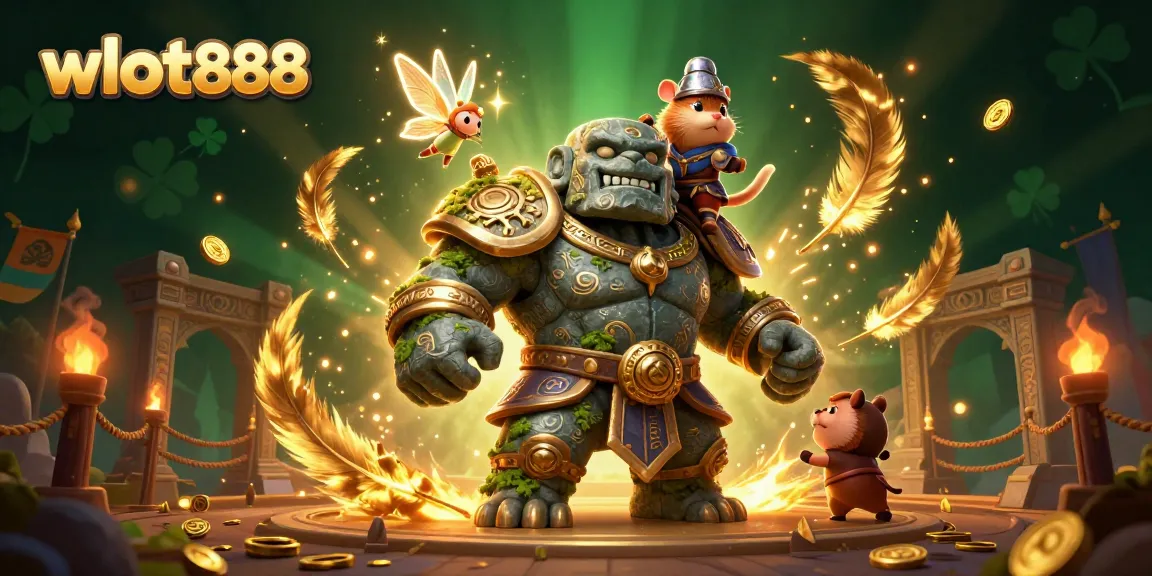 Bergabung dalam permainan wslot888 dengan karakter golem dan pengendara hamster yang beraksi di arena slot.