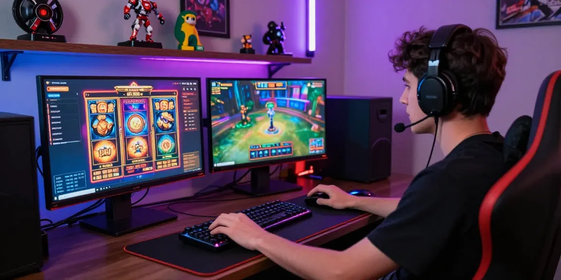 Engaged gamer at link raja328 gaming station with vibrant screens showing exciting slot games.