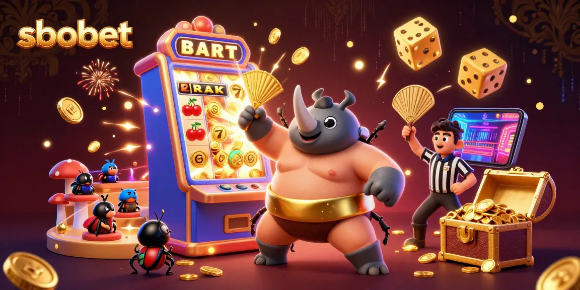 Experience sbobet action with a cartoon rhinoceros beetle champion amid dazzling casino elements.