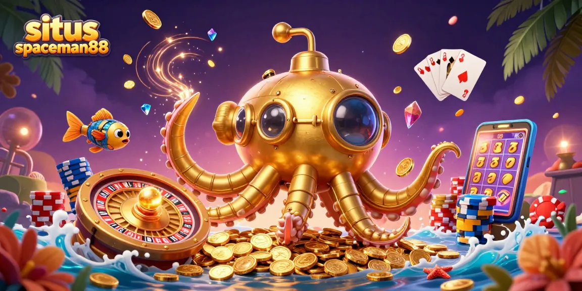 Experience excitement with situs spaceman88, featuring a golden kraken and vibrant casino elements.