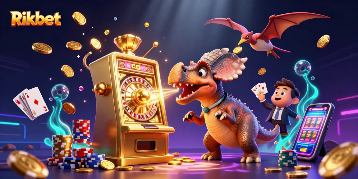 Rikbet unlocks casino excitement as a dinosaur wins jackpot coins from a golden slot machine.