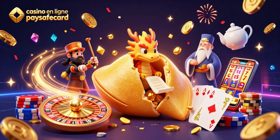 Visualisez le concept "casino en ligne paysafecard", avec un dragon sage découvrant une fortune dans un cookie d'or.
