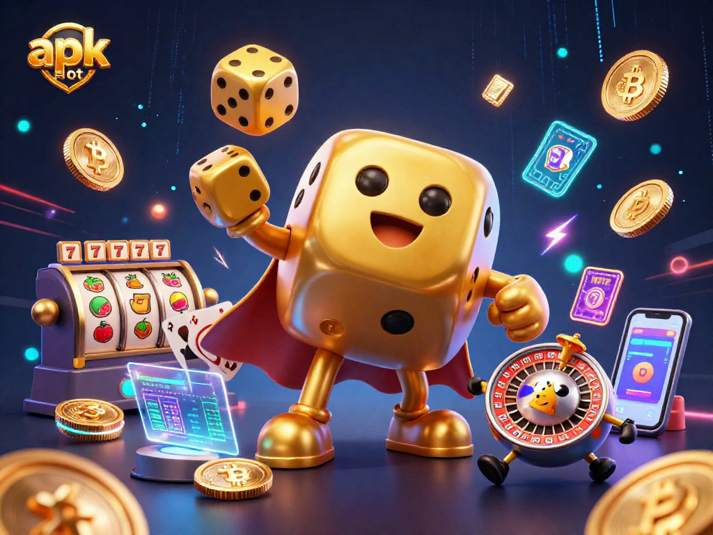 Jelajahi apk slot yang memukau dengan karakter kasino 3D di latar belakang yang penuh aksi.