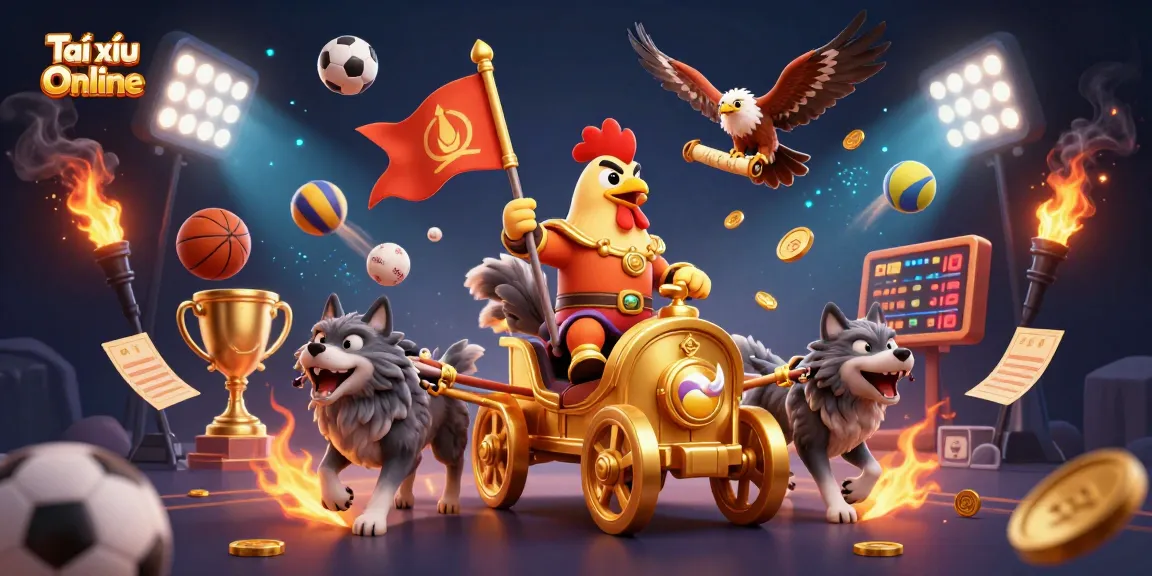 Experience thrilling Tài xỉu Online gaming with a cartoon rooster warlord and dynamic game elements.