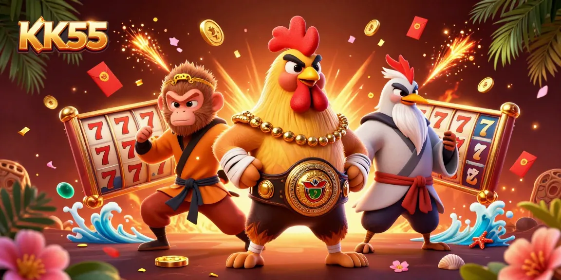 Unleashing thrilling jackpots in KK55, with a vibrant scene of Muay Thai chicken and martial arts icons.