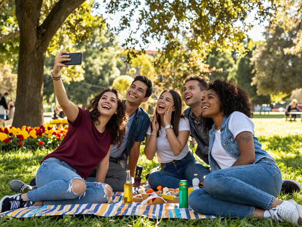 Group of friends taking selfies outdoors to see how old do I look.