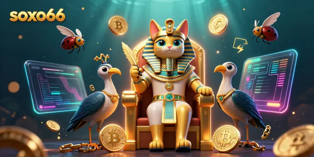 Engage with the vibrant soxo66 online casino scene showcasing a 3D Egyptian pharaoh cat with crypto elements.