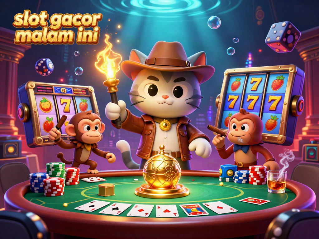 Engage in slot gacor malam ini with colorful reels and dynamic casino elements in a rich 3D illustration.