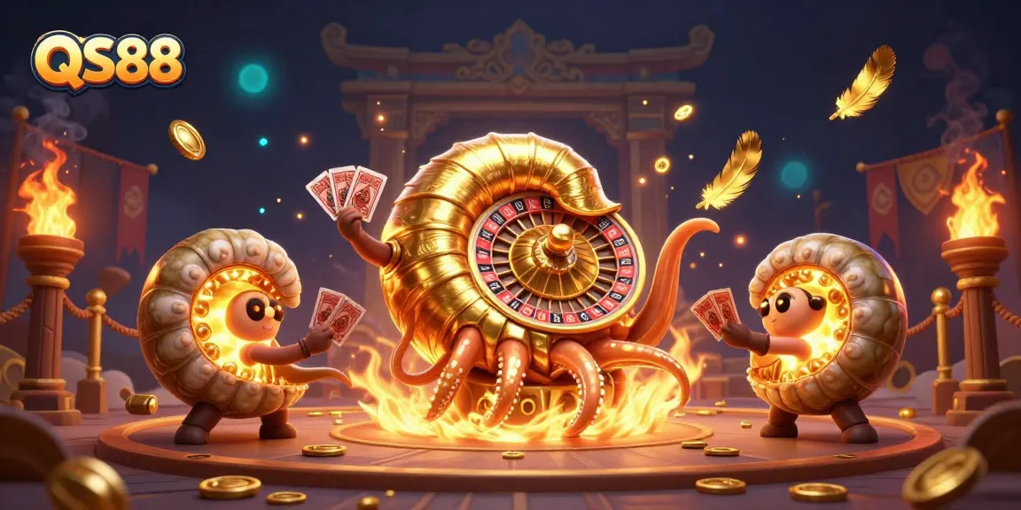 Experience vibrant gameplay excitement with QS88, featuring an epic 3D nautilus as roulette and golden elements.