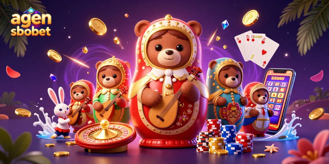 Engage with agen sbobet in a vibrant casino atmosphere featuring whimsical characters and classic gaming elements.