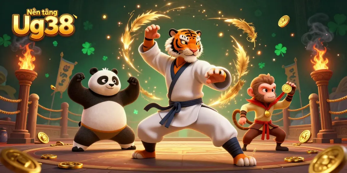 Nền tảng Ug38 brings excitement with a vivid illustration of animated characters performing in a casino-like setting filled with gold.