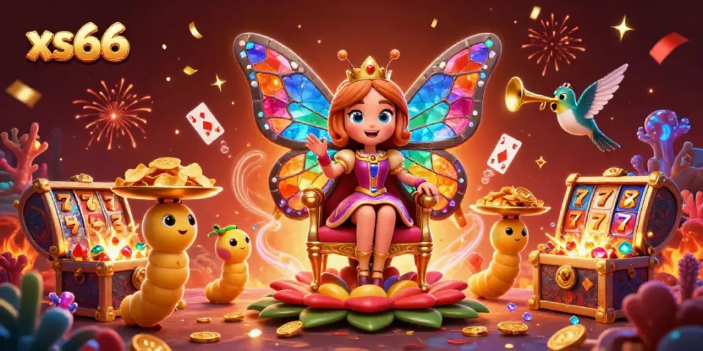 Spin and win with the vibrant xs66-themed casino scene featuring a butterfly queen and golden treasures.