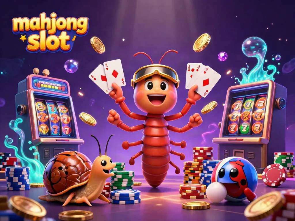 Experience the excitement of mahjong slot with a cartoon millipede dealer fanning cards and high-rollers amidst a flurry of gold coins and vibrant poker chips.