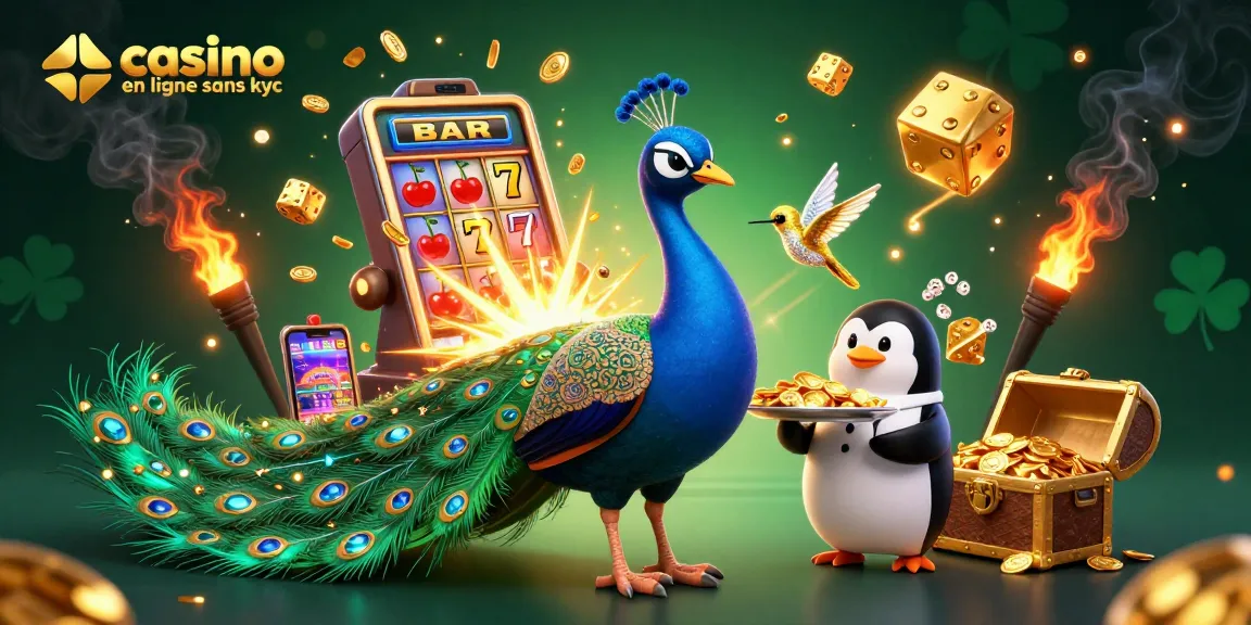 Jouez sur un casino en ligne sans kyc avec un paon élégant, un pingouin serveur et un colibri, entourés de machines à sous et de jetons.
