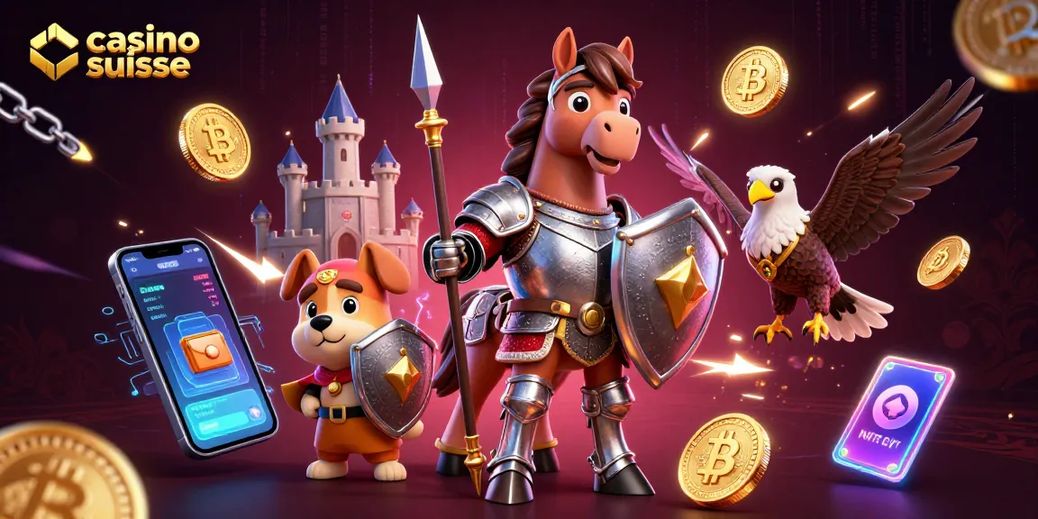 Plongée dans l'univers du casino suisse avec un chevalier et un chiot, entourés de crypto-monnaies.