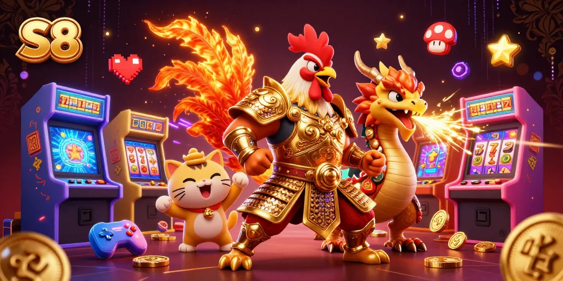 S8 showcases vibrant gaming with a fierce rooster warrior and dragon in a dynamic casino scene.