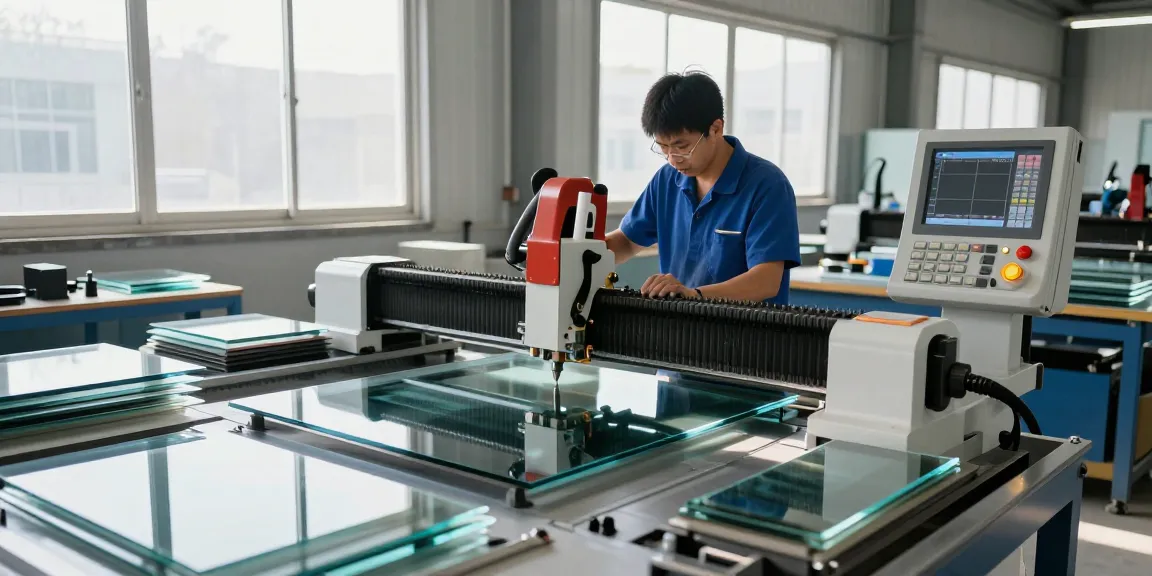 Technician operating a glass cutting machine in a modern industrial workshop