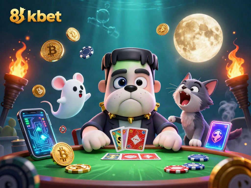 Engage with 8xbet's thrilling card game, featuring a mystical scene with a Frankenstein bulldog and ghostly elements.