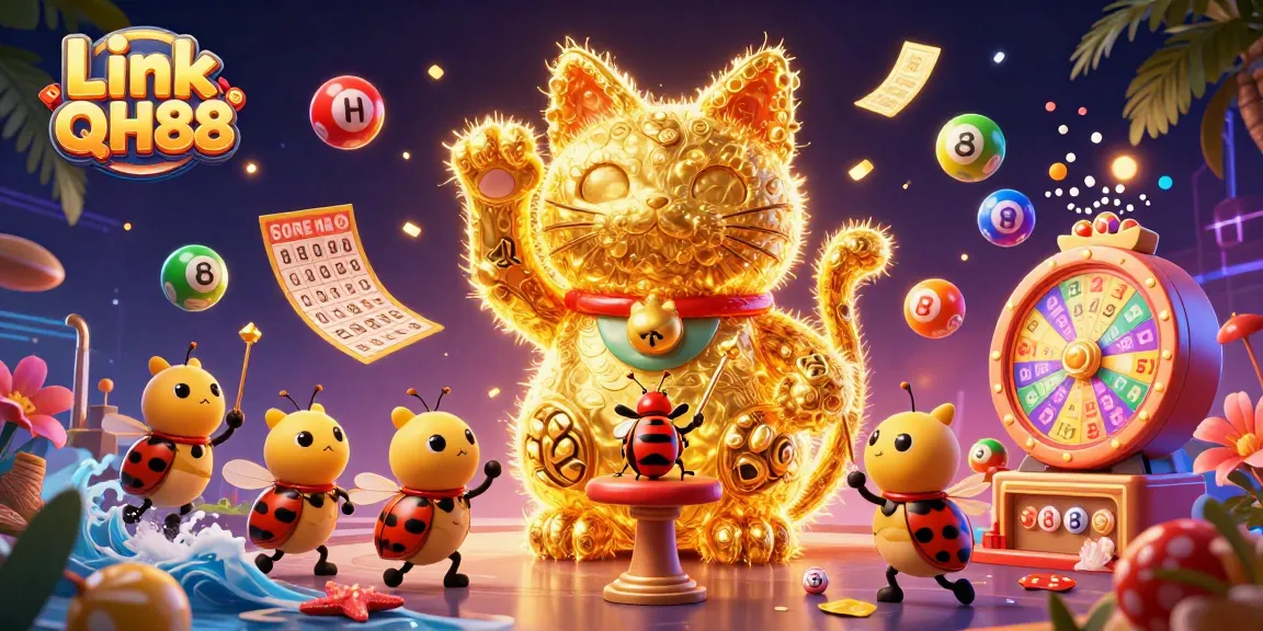 Experience thrilling wins with Link QH88 as golden fireflies create a lucky cat in this vibrant casino scene.
