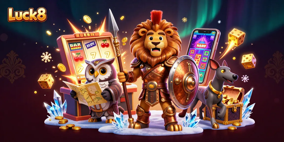 Experience thrilling gameplay with Luck8, featuring a lively 3D casino scene bursting with jackpots and bonuses.