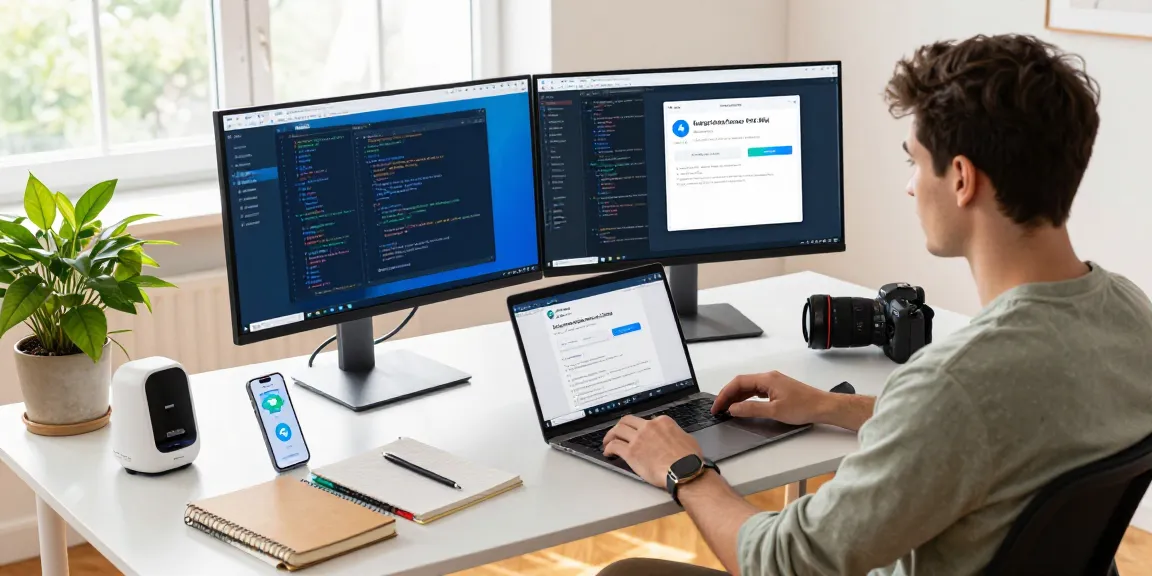 Using Telegram on Android in China, showcasing a developer's workspace with dual monitors and phone notifications