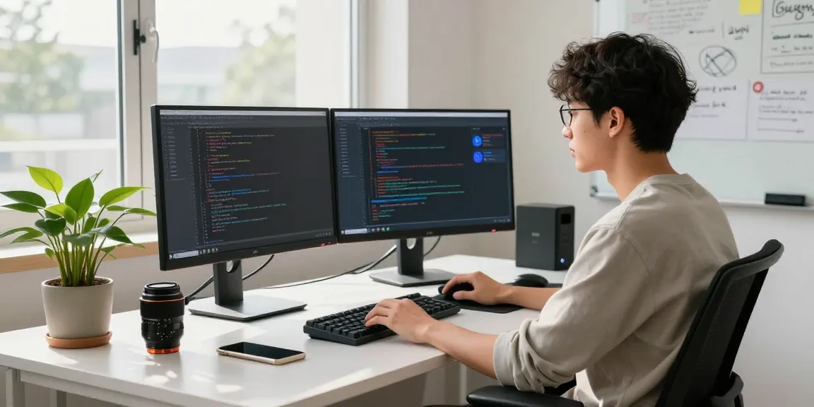 快连 VPN connection in a modern tech workspace with code on screens and bright natural light.