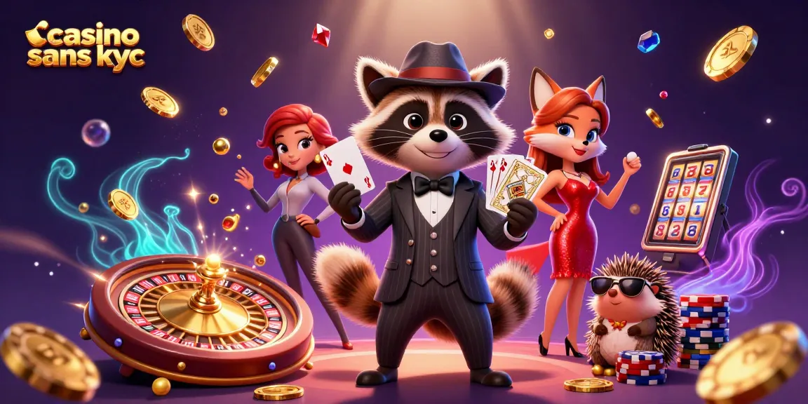 Une illustration 3D dynamique représentant un casino sans KYC avec un raton laveur gagnant une main royale.