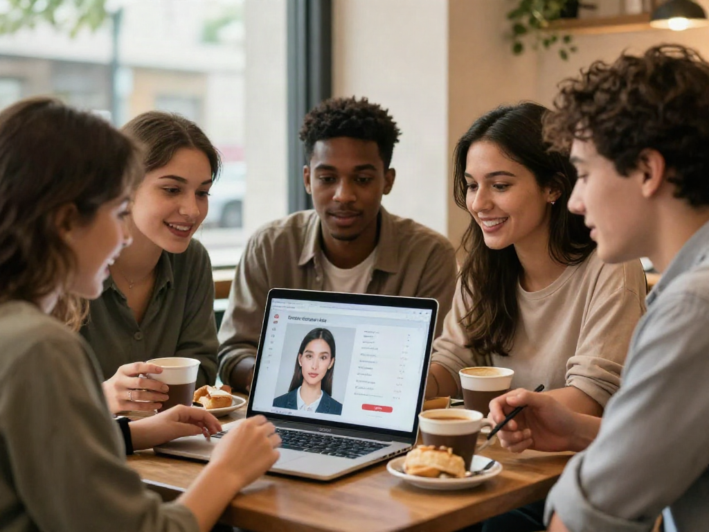 Group participating in an AI-powered attractiveness test, analyzing facial features in a café setting.