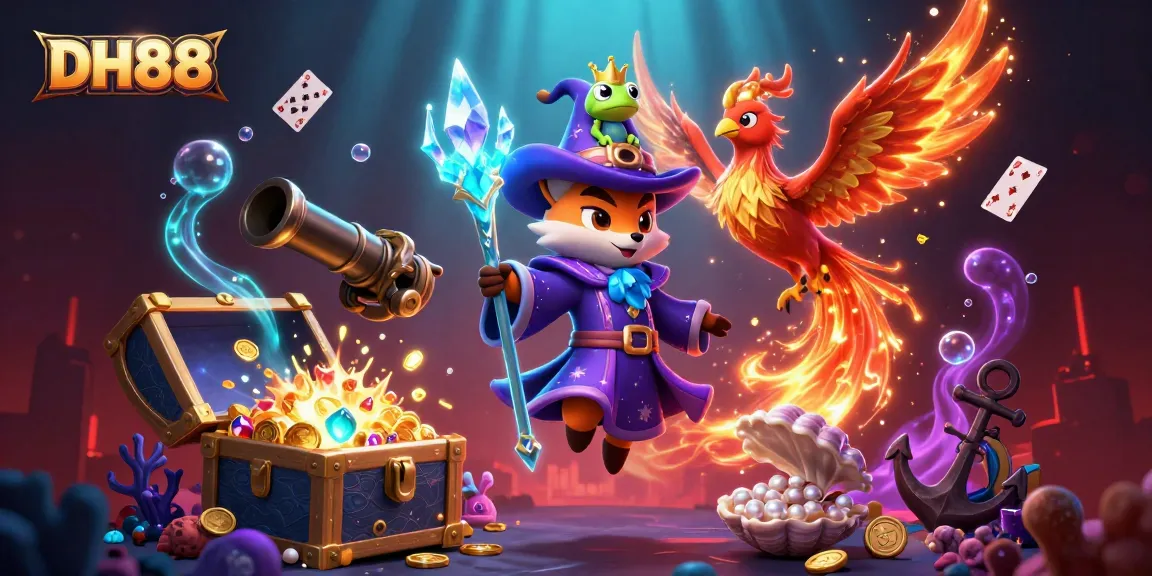 Engage with DH88's vibrant gaming experience featuring a wizard fox and phoenix amidst treasure and riches.