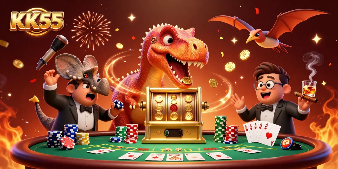 Experience the thrilling world of KK55 as dynamic characters celebrate jackpot wins in a vibrant casino.
