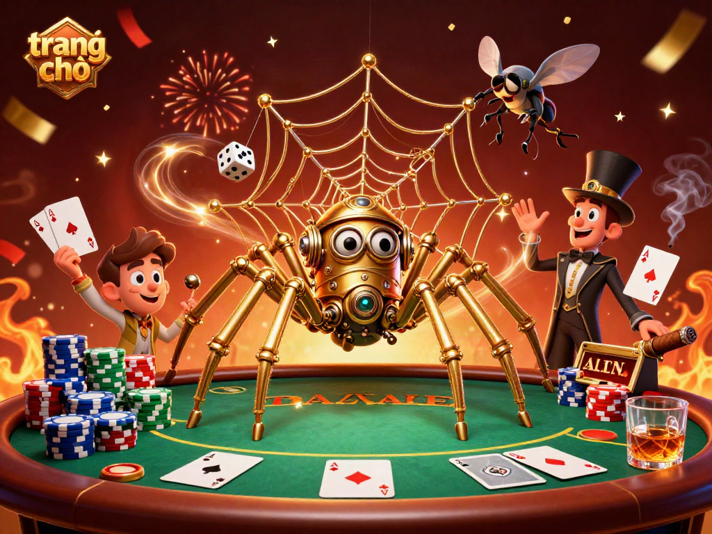 Catch thrilling action at trang chủ with a fly gentleman amid golden spider webs and poker excitement.