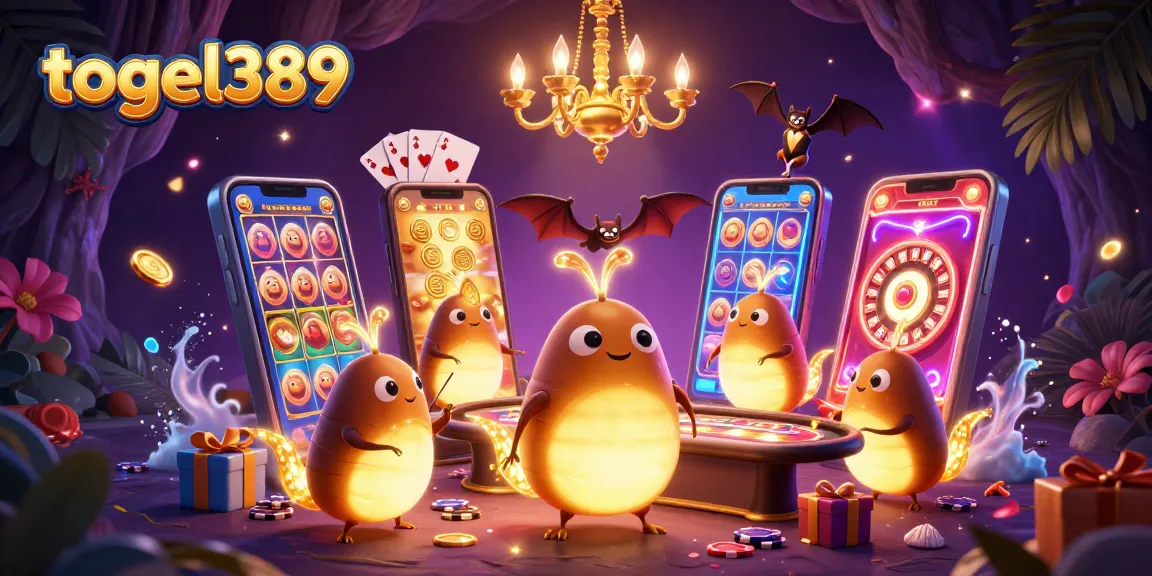Engage with togel389 as glowing creatures illuminate a vibrant casino scene featuring interactive games and excitement.