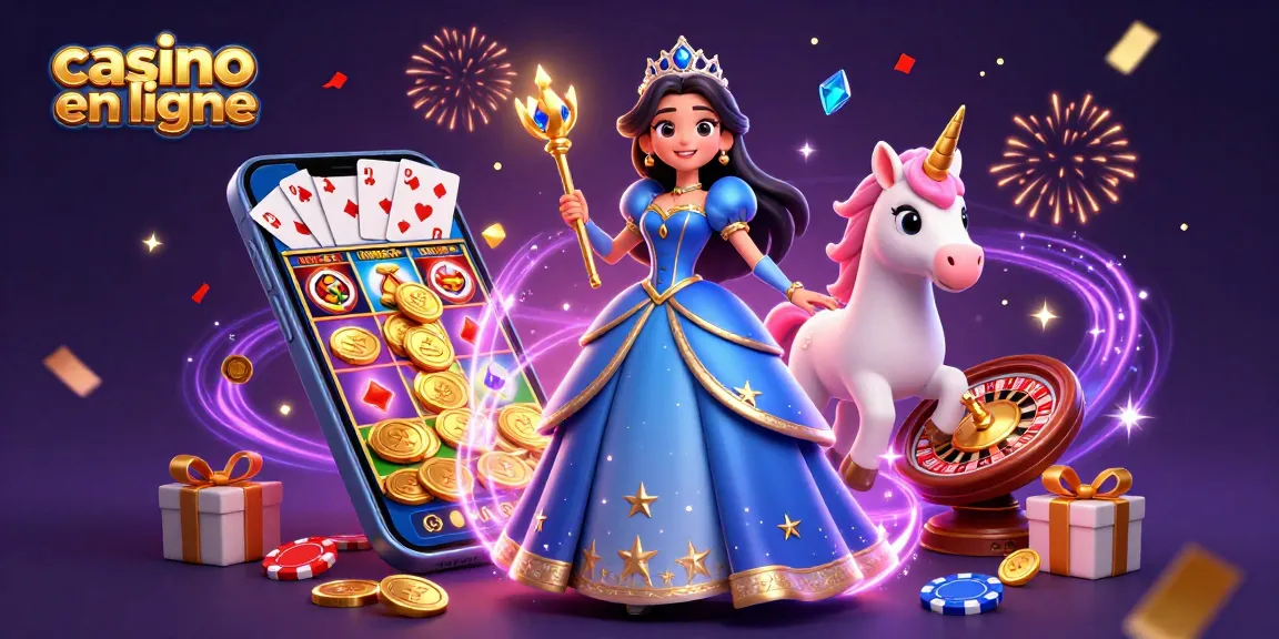 Engage in casino en ligne with a dazzling scene of a royal-themed woman and unicorn among vibrant gaming elements.
