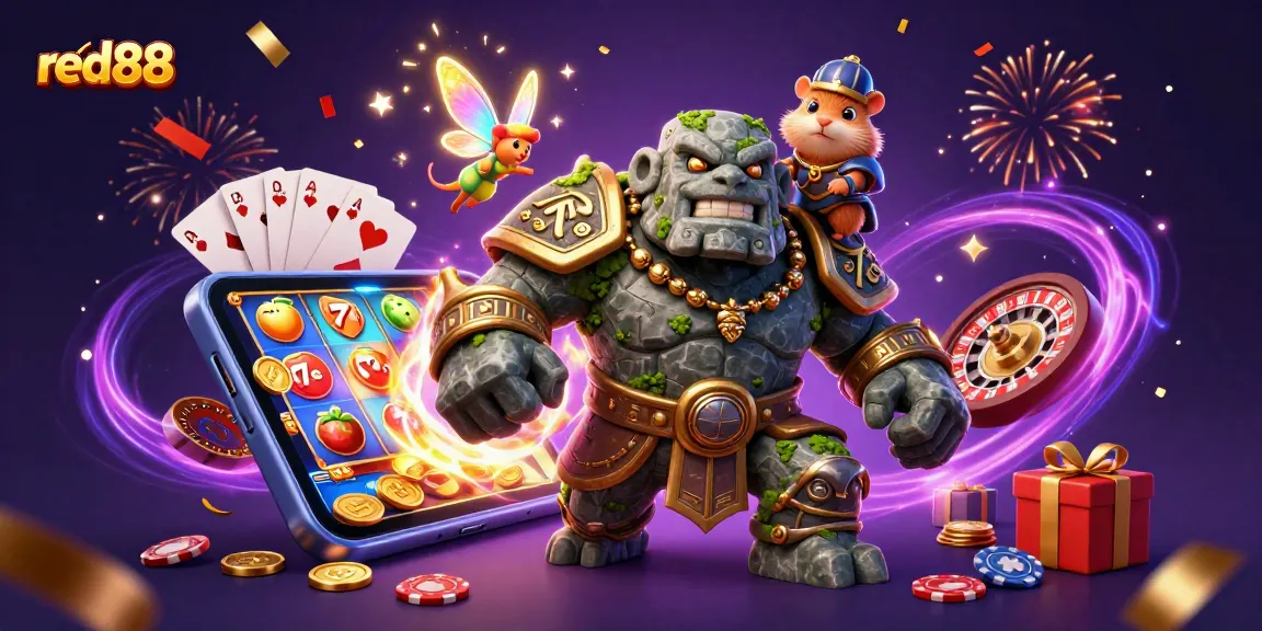 Engage with red88's thrilling slots featuring a magical scene with golem, fairy, and hamster knight