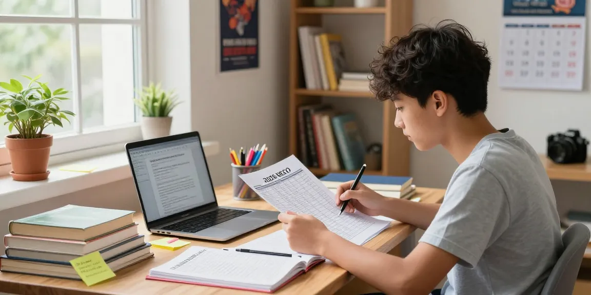 Student studying for exams with the 2026 neco timetable in a bright study room, surrounded by books and notes.