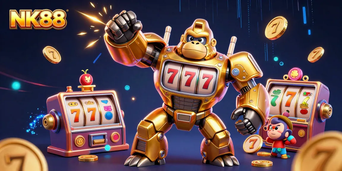 Experience thrilling gameplay at NK88 with a golden gorilla mech surrounded by vibrant slot elements.
