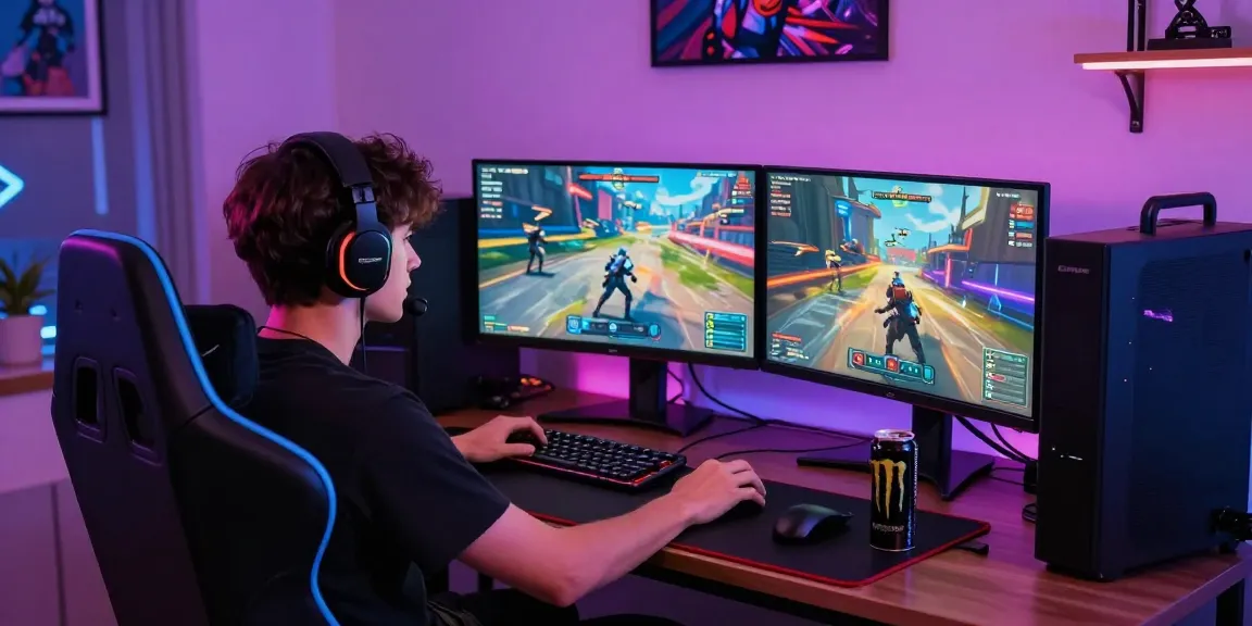 Dynamic gaming scene depicting pakde4d experience with dual monitors and immersive gameplay.