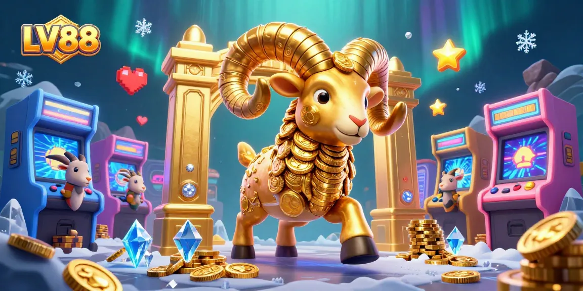 Experience the thrill of LV88 with a golden ram and arcade games in a vibrant casino scene.