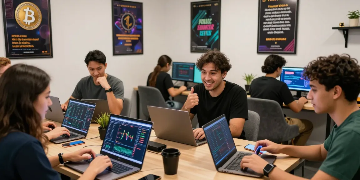 Engaging scene featuring diverse traders discussing OKX reviews in a modern tech hub.