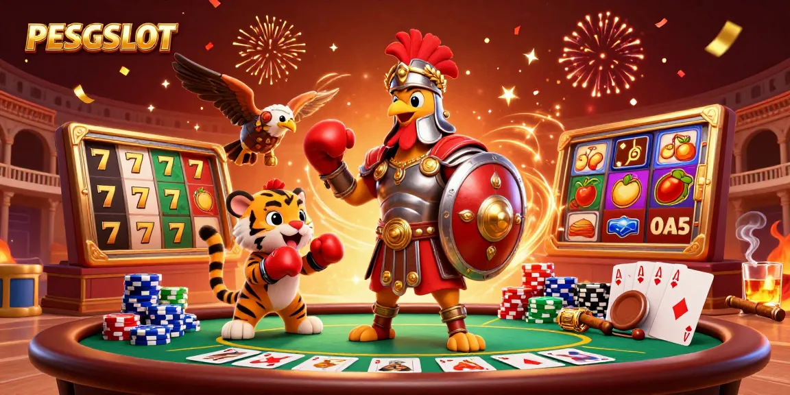 Gambaran dinamis PESGSLOT dengan karakter petarung dan elemen slot berwarna-warni dalam arena judi