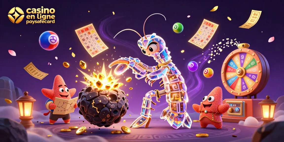 Visualisez une scène dynamique où le casino en ligne paysafecard est mis en avant avec des personnages animés et des jeux de loterie.