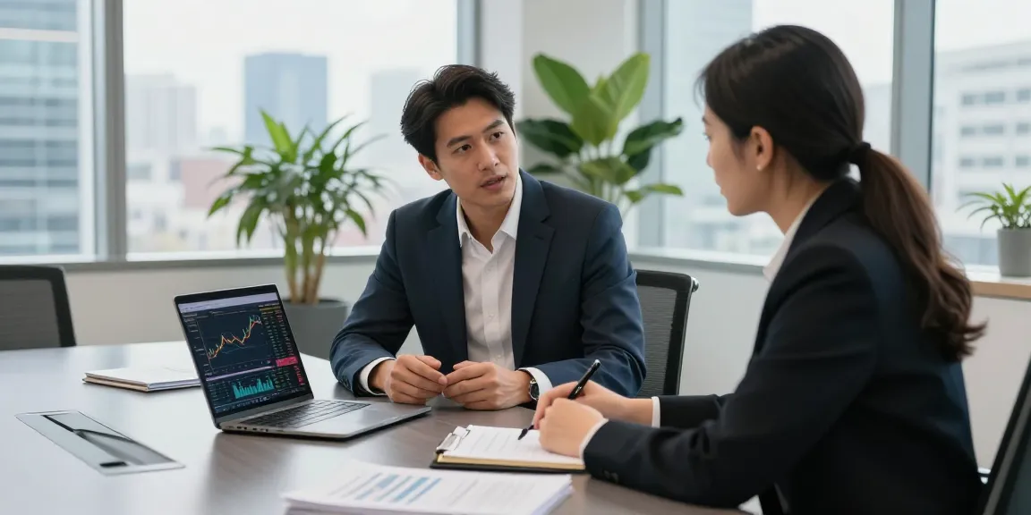 Nathan Garries advising a client on investment strategies in a modern office.