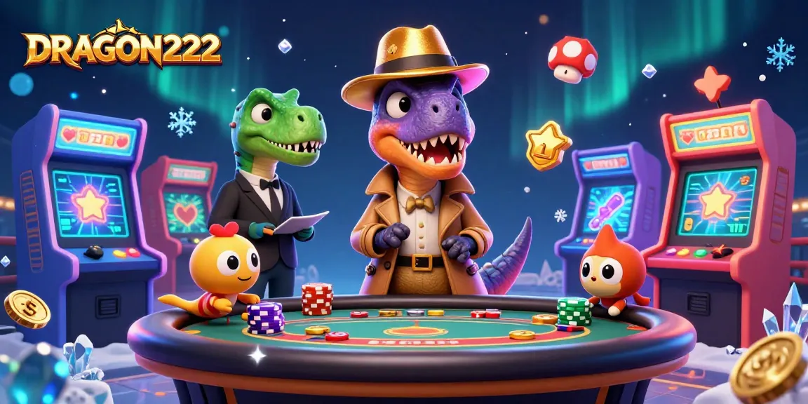 Experience exciting gaming at DRAGON222 with a velociraptor card counter and colorful arcade elements.
