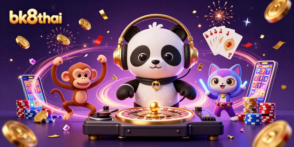 Experience vibrant gaming with bk8thai showcasing a DJ panda and lively characters in an exciting casino scene.