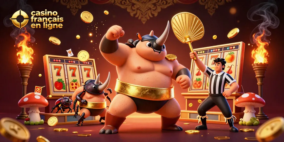 Casino en ligne français : le héros scarabée sumo s'impose dans une scène de jackpot dynamique.