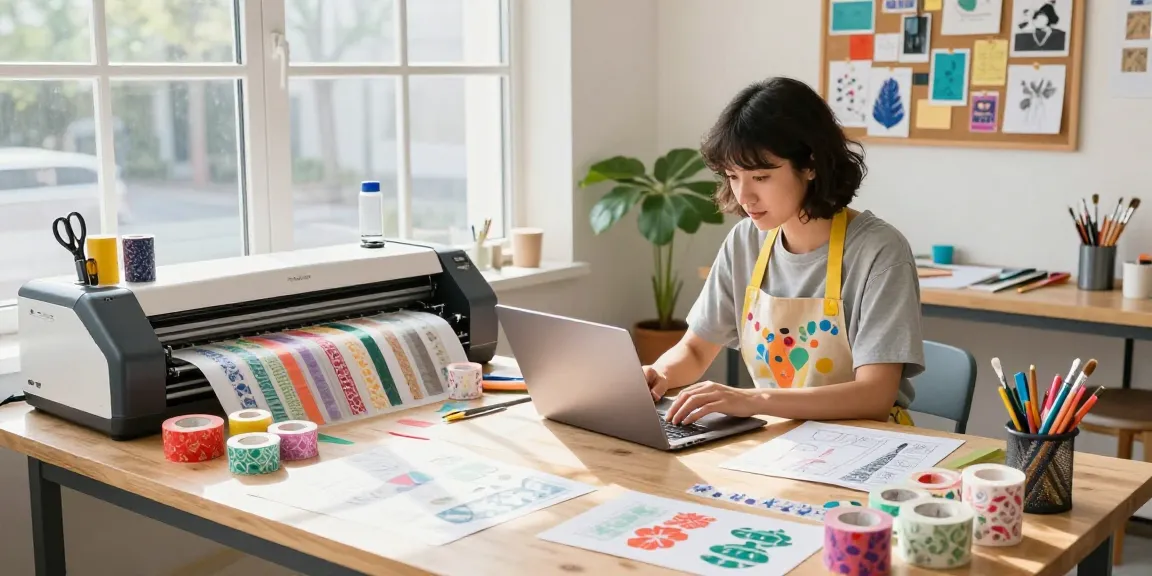 Artisan designing custom washi tape in vibrant craft studio with colorful patterns.
